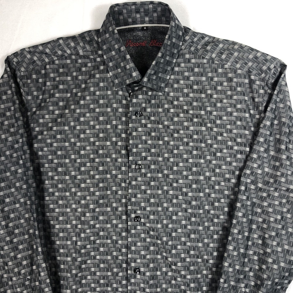 Visconti Black Shirt Men's MED Black Gray Weaved Button Up Long Sleeve Flip Cuff - Picture 3 of 9
